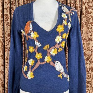 Women's Joystick Hand Embroidered Long Sleeve Top Bird's Flowers NICE Size M